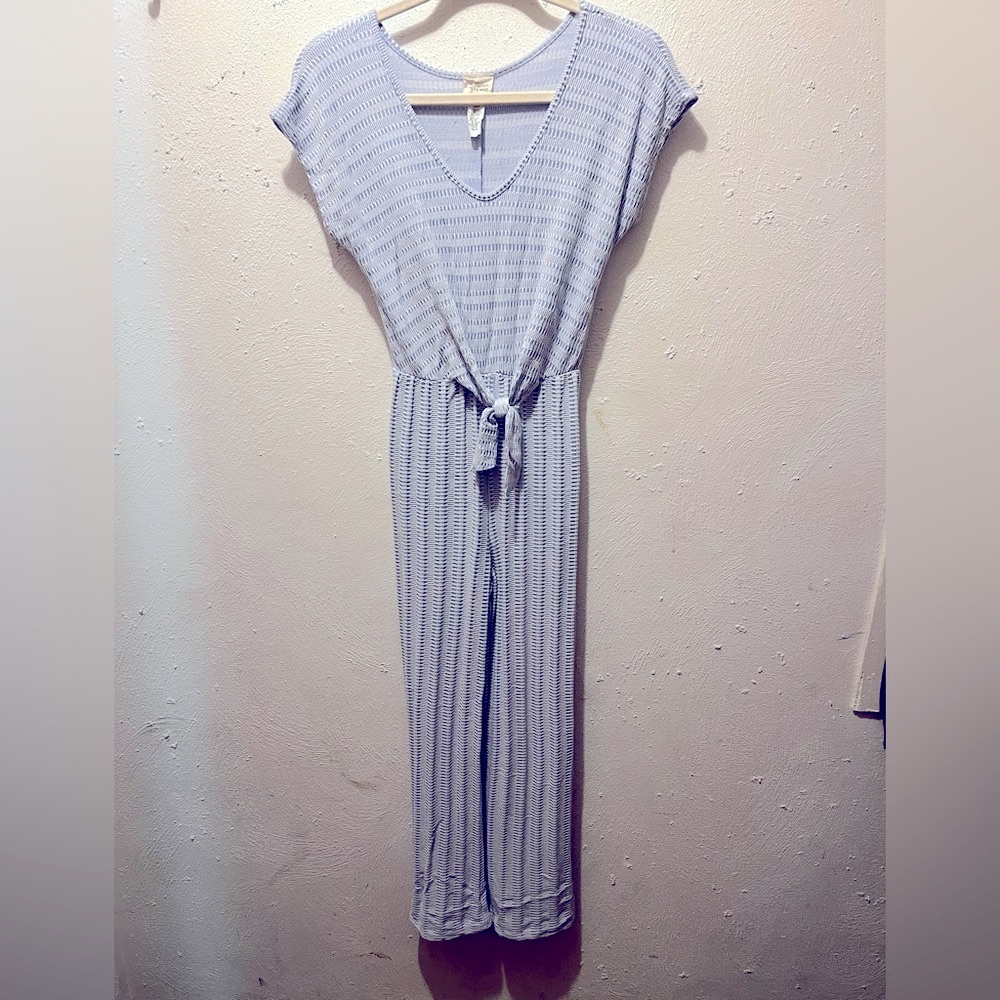 Chic Blue and White Knit Jumpsuit with Cap Sleeves and Tie Waist